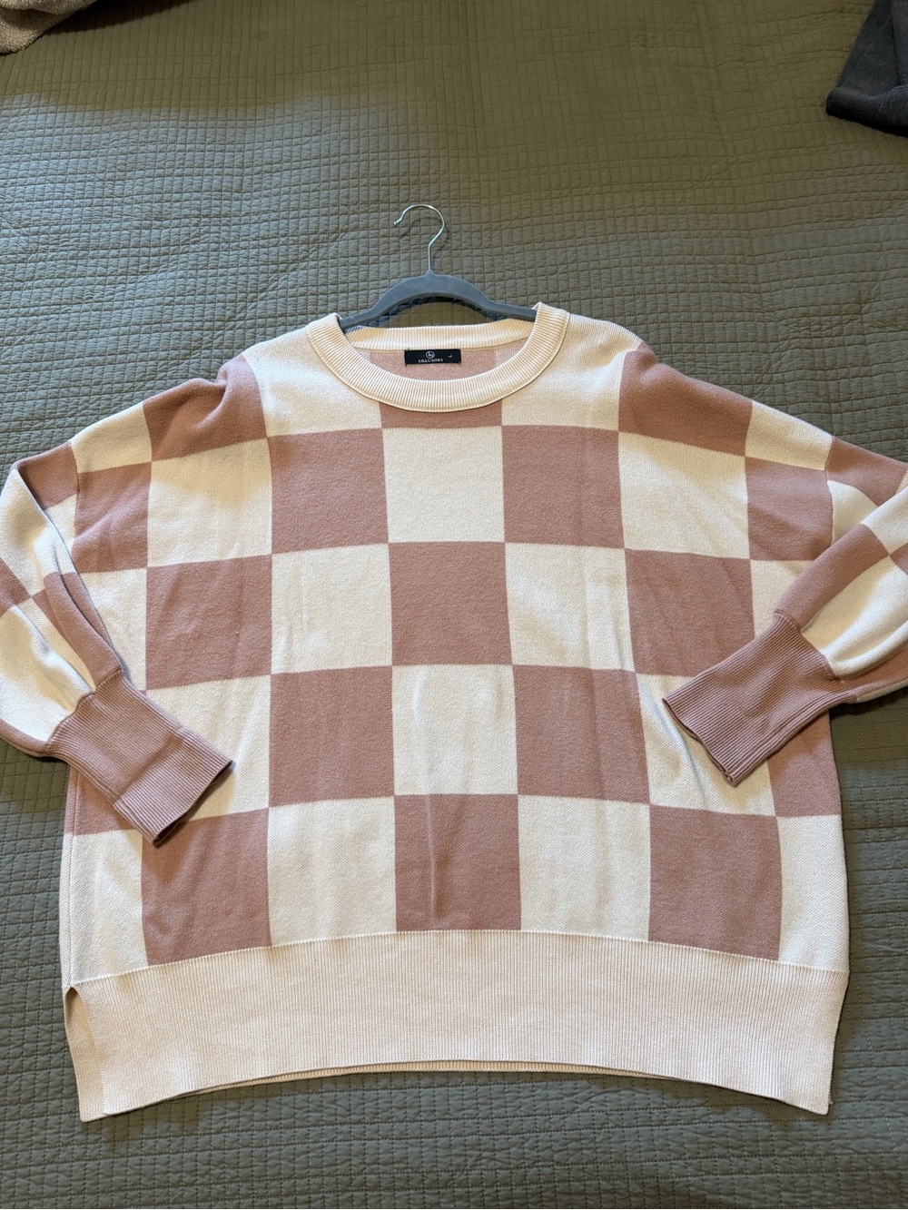 Checkerboard Crewneck Sweater in Tan & Cream